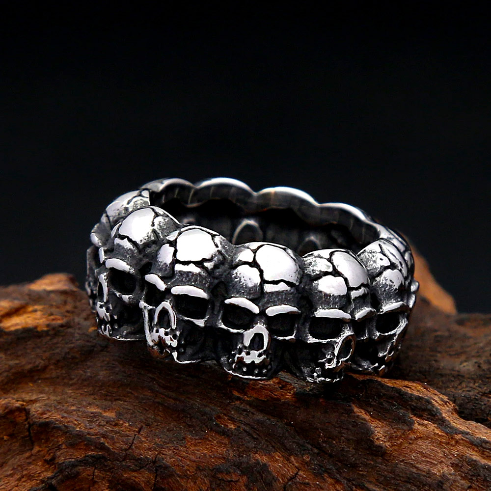 Gothic Skull Ring - Vintage Gothic Stacked Cracked Skull Stainless
